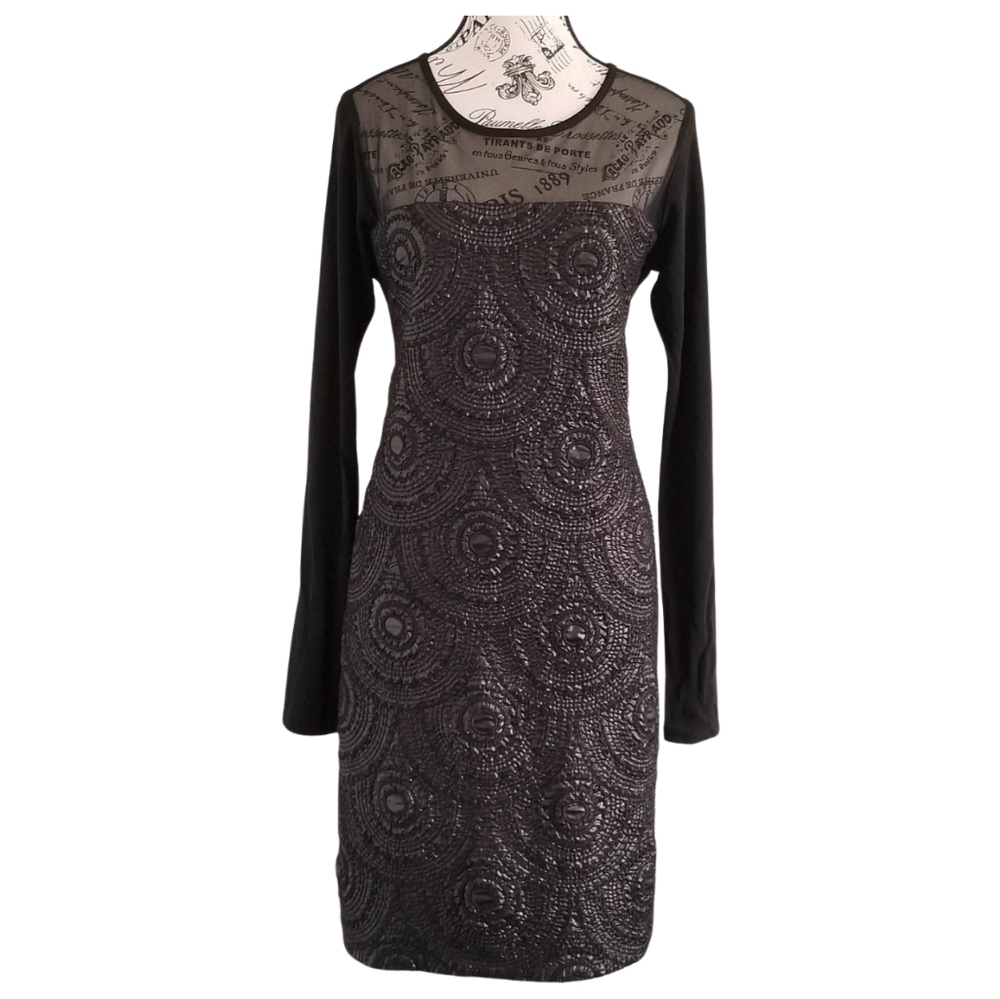 🇨🇦 Lux & Luster Black 3D Texture Midi Dress with Sheer Mesh Sleeves Size Medium